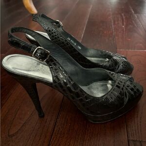 Women’s Stuart Weitzman silver animal print platform heels